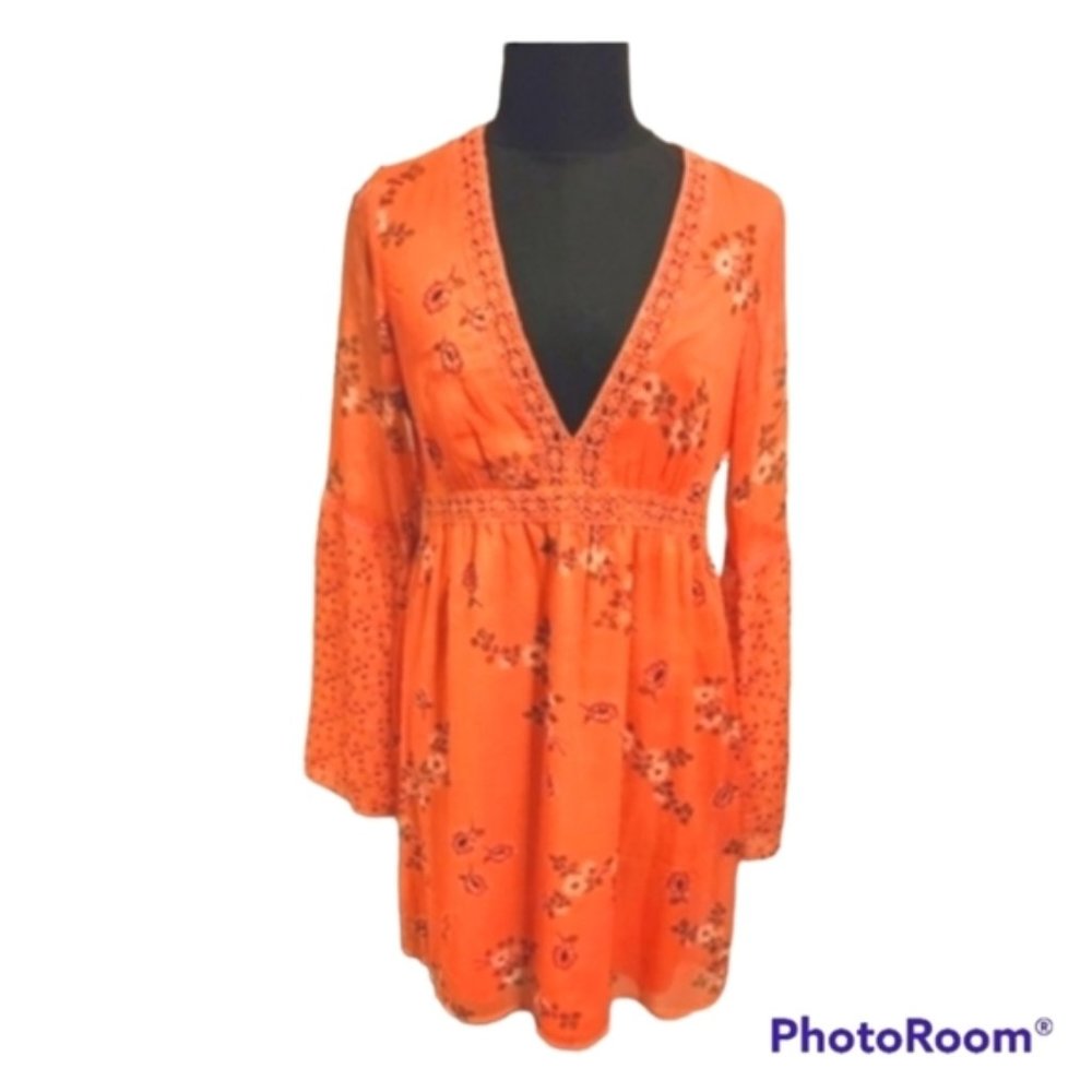 Boho Orange Flowy Floral Dress with Low V Neckline